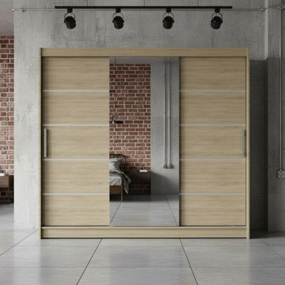 Aston Vi Sonoma Oak Sliding Door Wardrobe Modern Design With Mirror Shelves And Hanging Rails No Led Lighting - image 1