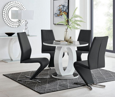 Furniturebox Giovani Round 4 Seat 100Cm White High Gloss Unique Halo Base Grey Glass Top Dining Table 4 Black Faux Leather Willow Chairs - image 1