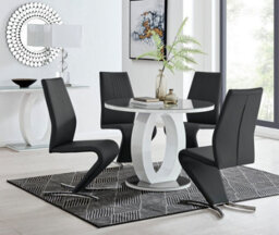 Furniturebox Giovani Round 4 Seat 100Cm White High Gloss Unique Halo Base Grey Glass Top Dining Table 4 Black Faux Leather Willow Chairs - thumbnail 1