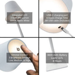Happy Homewares Tall White Rechargeable Touch Dimmable Table Lamp With Metal Shade - thumbnail 5