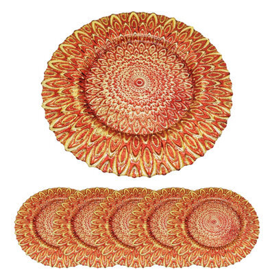 Neel Blue Charger Plates For Table Decoration - Red Peacock Design - Pack Of 6 - image 1