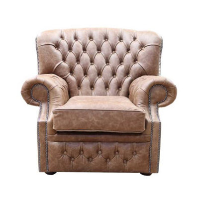 Chesterfield Handmade Armchair Cracked Wax Tan Leather In Monks Style - image 1