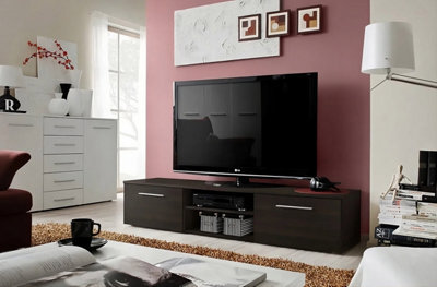 Arte Bono Ii Tv Cabinet 180Cm In Wenge, Modern Low Tv Unit With 2 Doors, Open Shelves & Shelf For Living Room Media