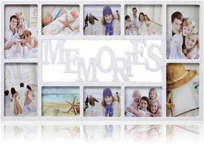 Biznest 10 Multi-Aperture Photo Frame 'memories' Text Rectangle Wall Mount Picture Display 6X4' &  7X5' Gift Idea White 71X36X3 Cm