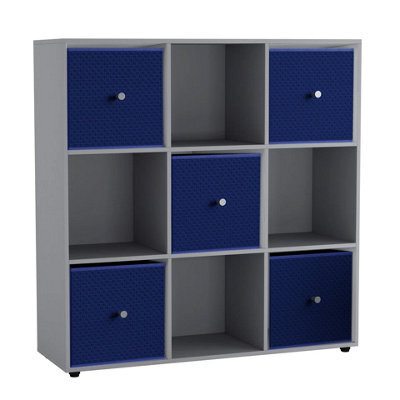 Urbn-Living 9 Cube Grey Wooden Bookcase Shelving Unit With 5 Collapsible Fabric Drawers Royal Blue - image 1