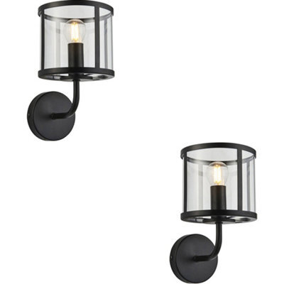 Loops 2 Pack Indoor Matt Black Wall Light - Clear Glass Shade - Dimmable 7W Led E14 - image 1