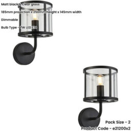 Loops 2 Pack Indoor Matt Black Wall Light - Clear Glass Shade - Dimmable 7W Led E14 - thumbnail 2