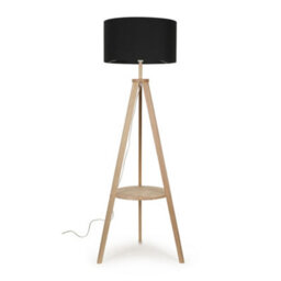 Valuelights Morrigan Natural Wood Shelf Tripod Floor Lamp With Black Drum Shade - thumbnail 1