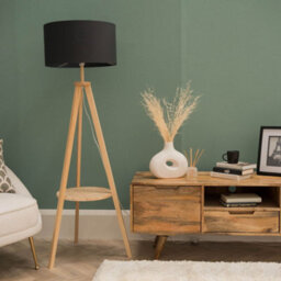Valuelights Morrigan Natural Wood Shelf Tripod Floor Lamp With Black Drum Shade - thumbnail 5