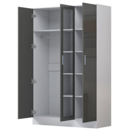 Reflect 3 Door Mirror Wardrobe - Grey Gloss & Matt White - Hanging Rail & 4 Shelves- H: 180Cm X W: 113Cm X D: 47Cm - Modern Design - thumbnail 6