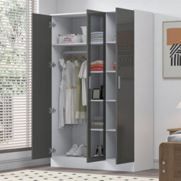 Reflect 3 Door Mirror Wardrobe - Grey Gloss & Matt White - Hanging Rail & 4 Shelves- H: 180Cm X W: 113Cm X D: 47Cm - Modern Design - thumbnail 2