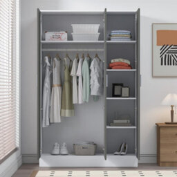 Reflect 3 Door Mirror Wardrobe - Grey Gloss & Matt White - Hanging Rail & 4 Shelves- H: 180Cm X W: 113Cm X D: 47Cm - Modern Design - thumbnail 4