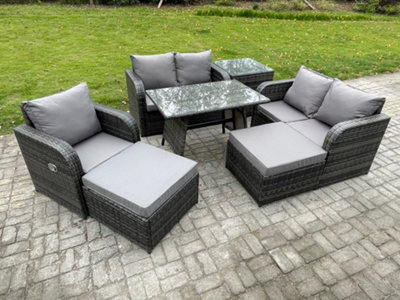 Fimous 7 Seater Outdoor Garden Dining Sets Rattan Furniture With Armchairs Love Sofa 2 Big Footstool Side Table Dark Grey Mixed - image 1