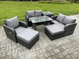 Fimous 7 Seater Outdoor Garden Dining Sets Rattan Furniture With Armchairs Love Sofa 2 Big Footstool Side Table Dark Grey Mixed