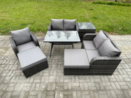 Fimous 7 Seater Outdoor Garden Dining Sets Rattan Furniture With Armchairs Love Sofa 2 Big Footstool Side Table Dark Grey Mixed - thumbnail 2