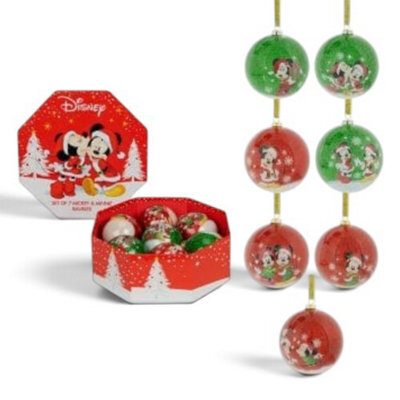 Widdop Gifts Disney Mickey And Minnie Mouse Christmas Baubles - Set Of 7 Shatterproof 7Cm Festive Tree Decorations