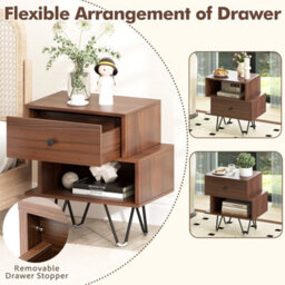 Costway Nightstand Set Of 2 Mid Century Modern End Tables With Drawer-Walnut - thumbnail 9