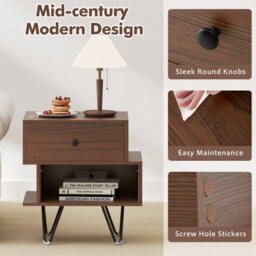 Costway Nightstand Set Of 2 Mid Century Modern End Tables With Drawer-Walnut - thumbnail 7