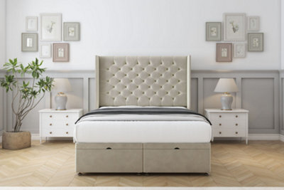"Sloomy Dior Cream Plush Ottoman Bed Base With 54"" Wingback Headboard 5' King" - image 1