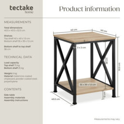 Tectake Bedside Table Carlton - Industrial Style, With 2 Shelves, 40.5 X 40.5 X 52.5 Cm - Industrial Wood Light, Oak Sonoma - thumbnail 6