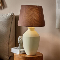 Beliani Table Lamp - White Ceramic Base With Linen Drum Shade, Minimalist Bedside And Side Table Lamp - thumbnail 1