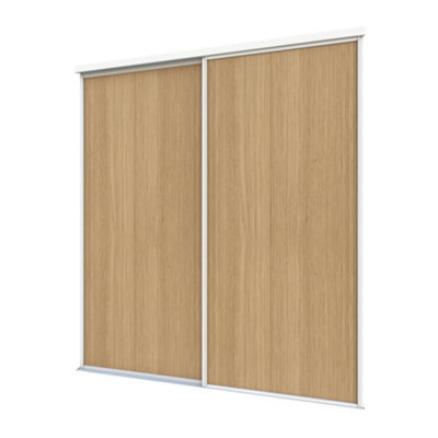 A-Class Sliding Doors Set Of 2 Mid Oak Sliding Wardrobe Door Kit In White Frame & Tracks, Opening Height (H) 225-226Cm & Width (W) 180-181Cm - image 1