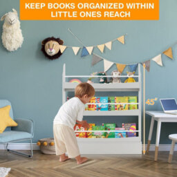 Costway 3-Tier Kids Bookshelf Toy Storage Bookcase Rack Wall W/ Anti-Toppling Kits Grey - thumbnail 8
