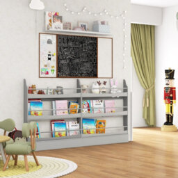 Costway 3-Tier Kids Bookshelf Toy Storage Bookcase Rack Wall W/ Anti-Toppling Kits Grey - thumbnail 9
