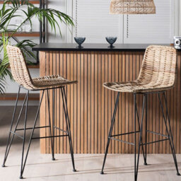 Beliani Set Of 2 Sand Beige Rattan Bar Stools, Black Iron Frame, Rustic Boho - thumbnail 2