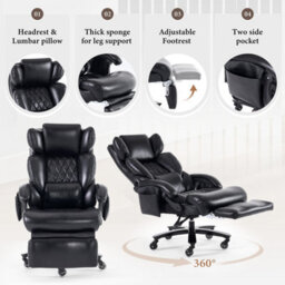 Abrihome New Pu Upholstered Massage Recliner With Footrest, Faux Leather Reclining Office Executive Chair, Swivel Computer Chair, Black - thumbnail 6