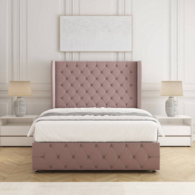 Bsspoke Faye Divan Bed Set Pink Plush Velvet 54Inch Wingedback Headboard & Footboard & Mattress No Drawers In All Sizes - image 1