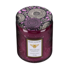 Living And Home Purple Embossing Glass Cup Soy Wax American Coffee Scented Candle With Lid, 16-Hour Burn - thumbnail 2