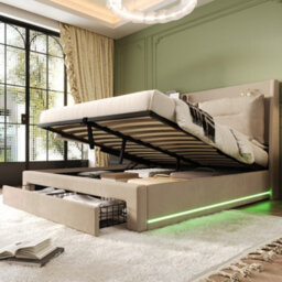 Matteo Luxurious King Size Beige Velvet Ottoman & Drawer Storage Bed With Led Lights, 150X200Cm - thumbnail 3