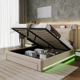 Matteo Luxurious King Size Beige Velvet Ottoman & Drawer Storage Bed With Led Lights, 150X200Cm - thumbnail 6