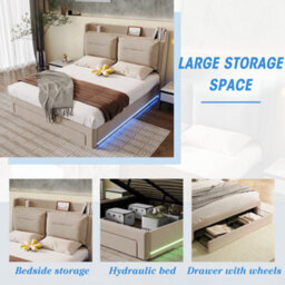 Matteo Luxurious King Size Beige Velvet Ottoman & Drawer Storage Bed With Led Lights, 150X200Cm - thumbnail 9