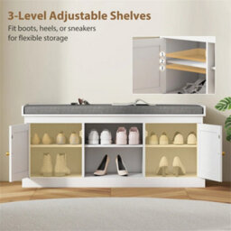 Shoe Storage Bench With Padded Cushion And Rattan Doors, White - thumbnail 5