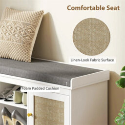 Shoe Storage Bench With Padded Cushion And Rattan Doors, White - thumbnail 4