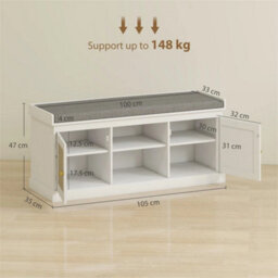 Shoe Storage Bench With Padded Cushion And Rattan Doors, White - thumbnail 2