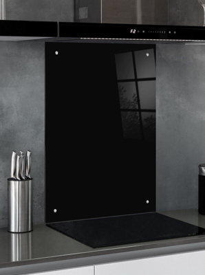 60 X 80Cm Black Glass Kitchen Splashback Splatter Screen Pre Drilled Holes Wall Hanging Fixings Included - image 1
