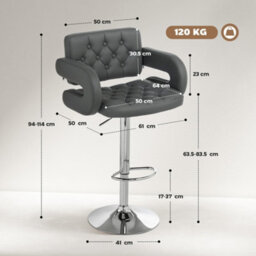 Wyld Haus Saco Grey Faux Leather Adjustable Swivel Bar Stool With Armrests, Tufted Seat, Metal Base, 61 X 50 X 113 Cm - thumbnail 3