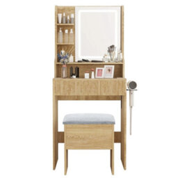 Wood Modern Dressing Table Set Led Mirror Vanity Desk Stool With Charging Station - thumbnail 2