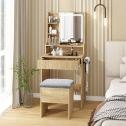 Wood Modern Dressing Table Set Led Mirror Vanity Desk Stool With Charging Station - thumbnail 3