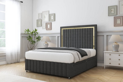 "Comfort Boston Gold Graphite Dumfries Divan Bed Set 2 Drawers Right Side - 26"" Strutted & 12"" Footboard 4'6 Double" - image 1