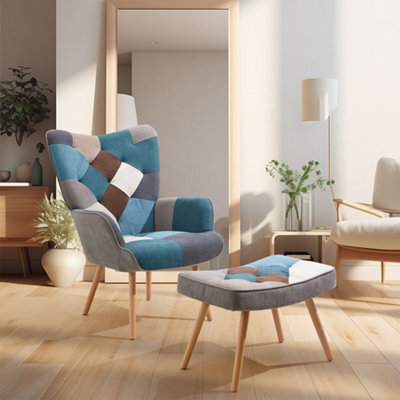 Living And Home Modern Multicoloured Wing Back Armchair And Footstool Set With Solid Wood Legs And Plush Terry Cloth Upholstery - image 1