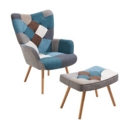 Living And Home Modern Multicoloured Wing Back Armchair And Footstool Set With Solid Wood Legs And Plush Terry Cloth Upholstery - thumbnail 8