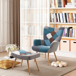 Living And Home Modern Multicoloured Wing Back Armchair And Footstool Set With Solid Wood Legs And Plush Terry Cloth Upholstery - thumbnail 4
