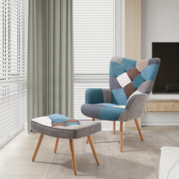 Living And Home Modern Multicoloured Wing Back Armchair And Footstool Set With Solid Wood Legs And Plush Terry Cloth Upholstery - thumbnail 3