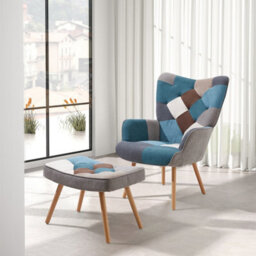 Living And Home Modern Multicoloured Wing Back Armchair And Footstool Set With Solid Wood Legs And Plush Terry Cloth Upholstery - thumbnail 2