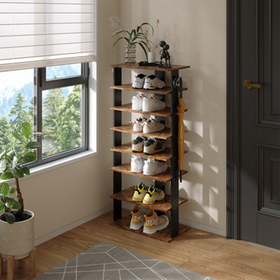 Thehotsale 8 Tier Rectangular Stable And Heavy-Duty Original Wood Color Particle Board Shoe Rack With Hooks - image 1