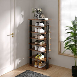 Thehotsale 8 Tier Rectangular Stable And Heavy-Duty Original Wood Color Particle Board Shoe Rack With Hooks - thumbnail 4